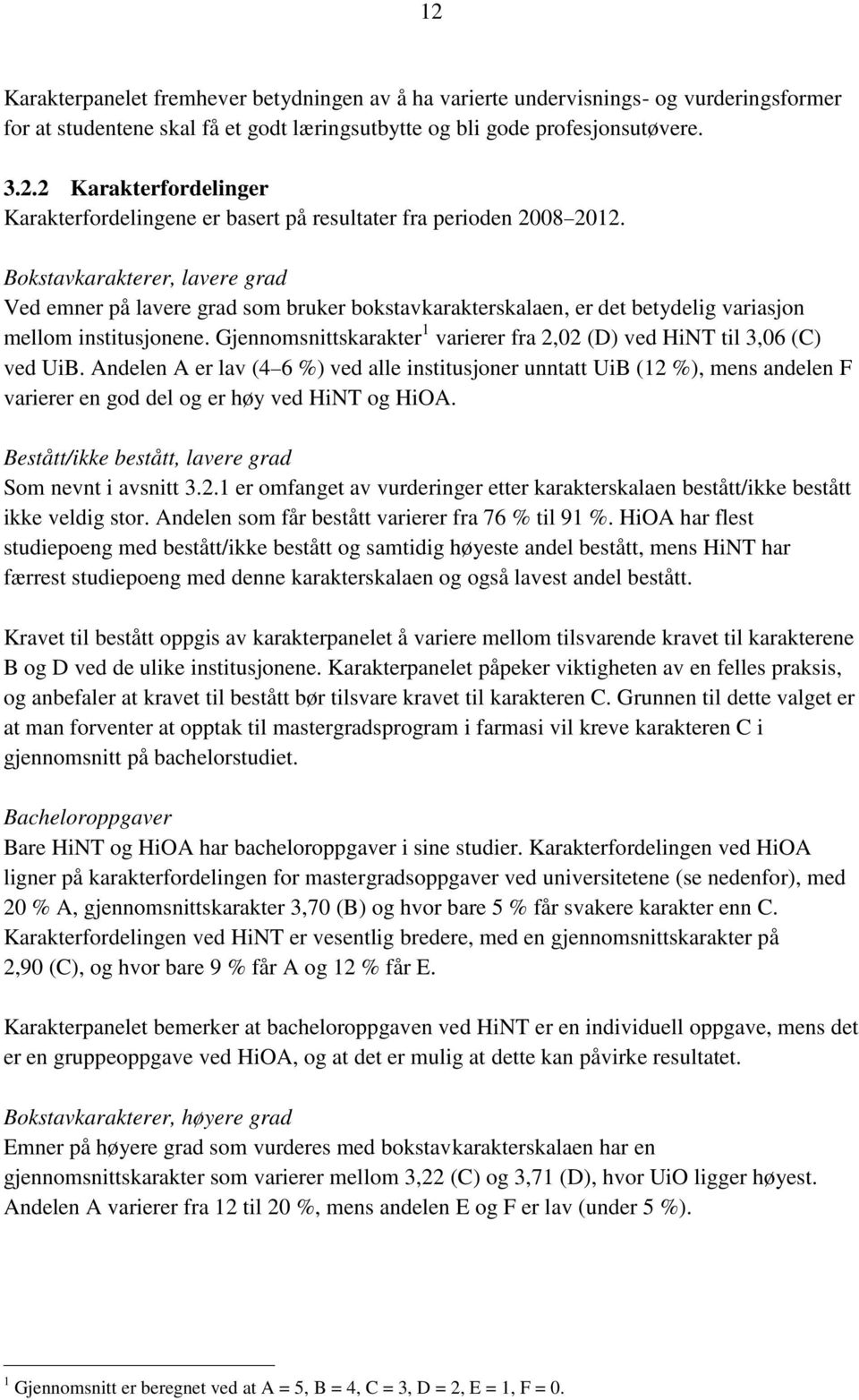 Gjennomsnittskarakter 1 varierer fra 2,02 (D) ved HiNT til 3,06 (C) ved UiB.