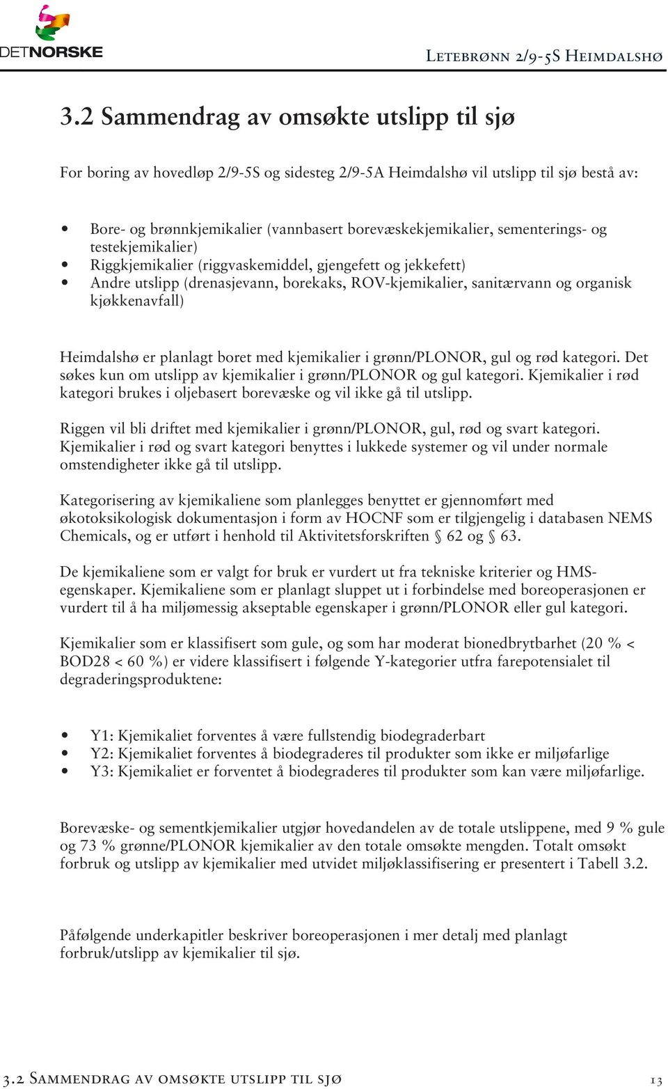 er planlagt boret med kjemikalier i grønn/plonor, gul og rød kategori. Det søkes kun om utslipp av kjemikalier i grønn/plonor og gul kategori.