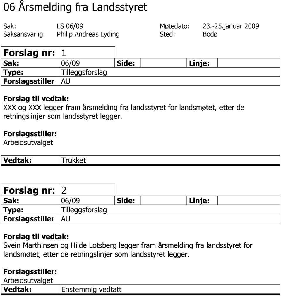 XXX legger fram årsmelding fra landsstyret for landsmøtet, etter de retningslinjer som landsstyret legger.