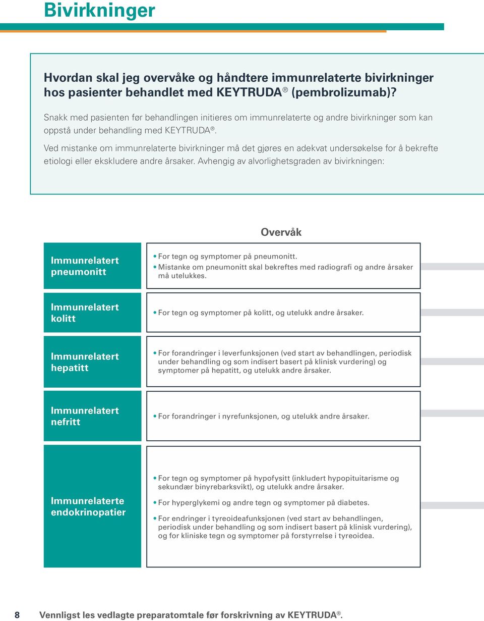 Ved mistanke om immunrelaterte bivirkninger må det gjøres en adekvat undersøkelse for å bekrefte etiologi eller ekskludere andre årsaker.