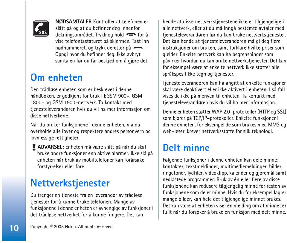 Om enheten Den trådløse enheten som er beskrevet i denne håndboken, er godkjent for bruk i EGSM 900, GSM 1800 og GSM 1900 nettverk.