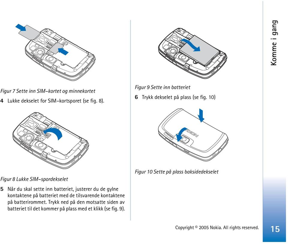 10) Figur 8 Lukke SIM spordekselet 5 Når du skal sette inn batteriet, justerer du de gylne kontaktene på batteriet