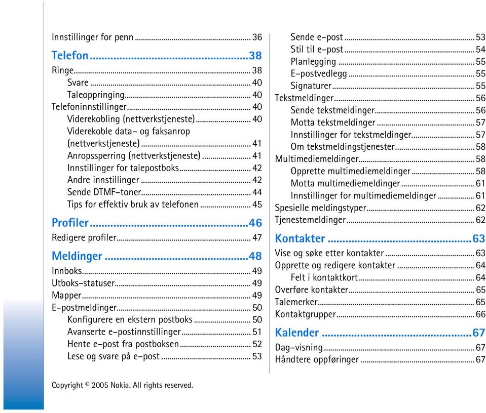 .. 44 Tips for effektiv bruk av telefonen... 45 Profiler...46 Redigere profiler... 47 Meldinger...48 Innboks... 49 Utboks statuser... 49 Mapper... 49 E postmeldinger.