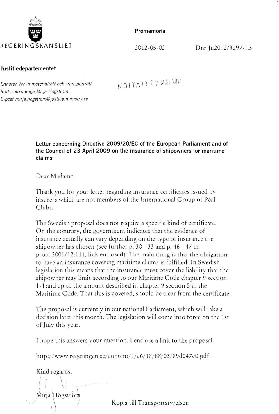 letter regarding insurance certificates issued by insurers which are not members of the International Group of Clubs.