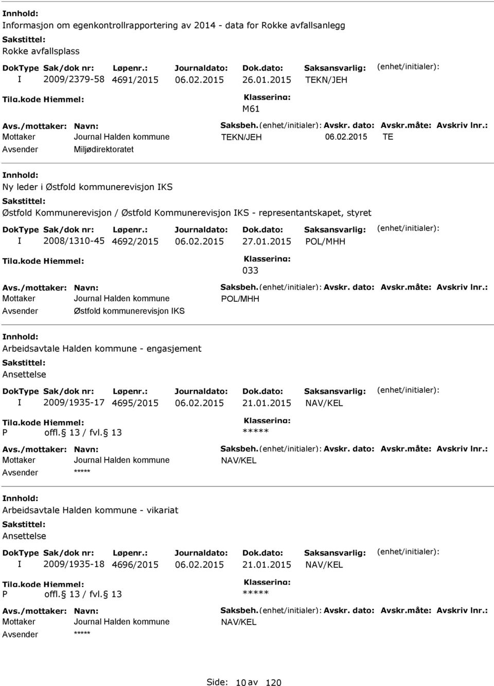 : TKN/JH T Avsender Miljødirektoratet nnhold: Ny leder i Østfold kommunerevisjon KS Østfold Kommunerevisjon / Østfold Kommunerevisjon KS - representantskapet, styret 2008/1310-45 4692/2015