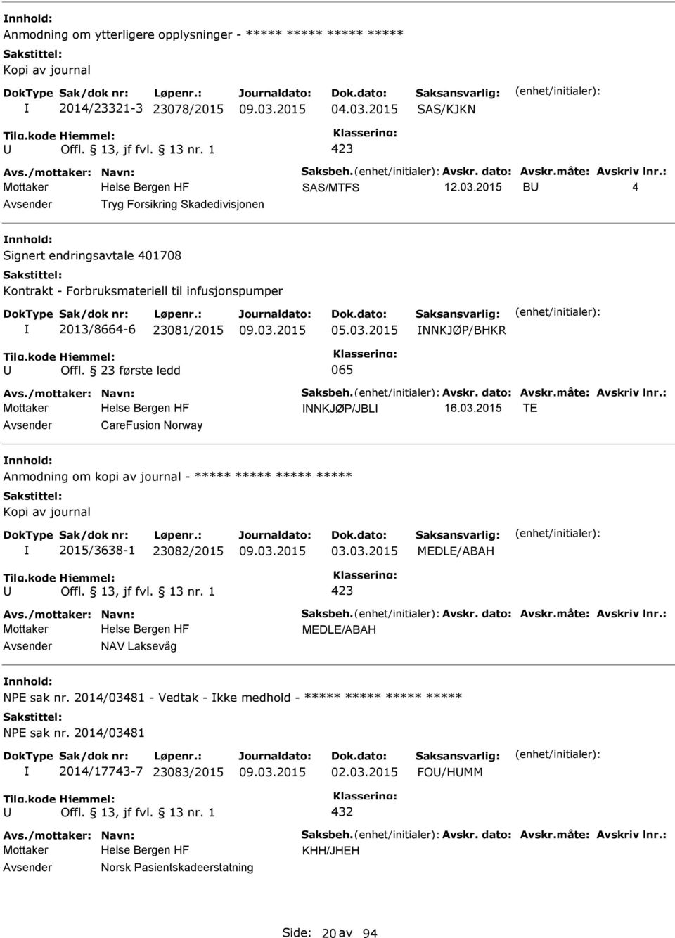 /mottaker: Navn: Saksbeh. Avskr. dato: Avskr.måte: Avskriv lnr.: Mottaker NNKJØ/JBL 16.03.2015 TE CareFusion Norway Anmodning om kopi av journal - ***** Kopi av journal 2015/3638-1 23082/2015 03.03.2015 MEDLE/ABAH 423 Avs.