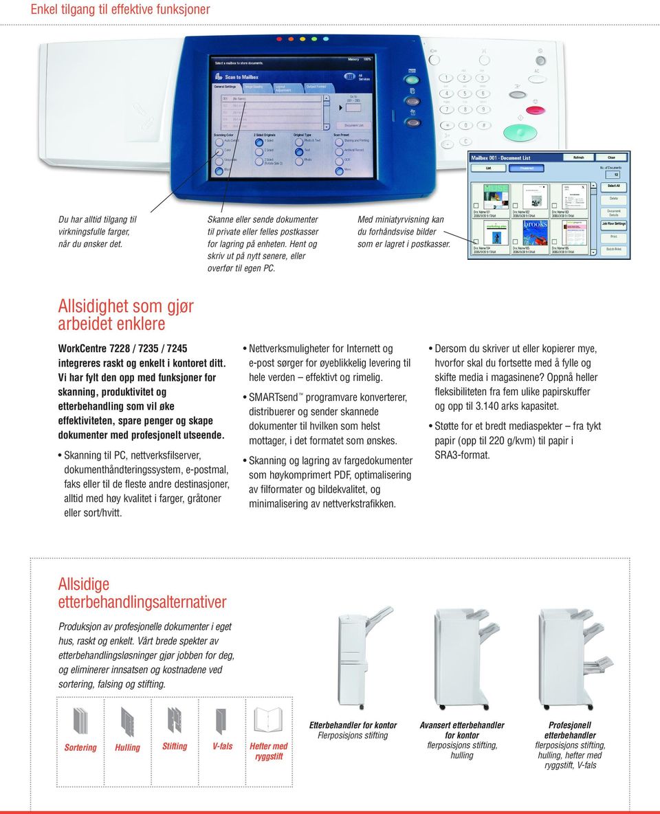 Allsidighet som gjør arbeidet enklere WorkCentre 7228 / 7235 / 7245 integreres raskt og enkelt i kontoret ditt.