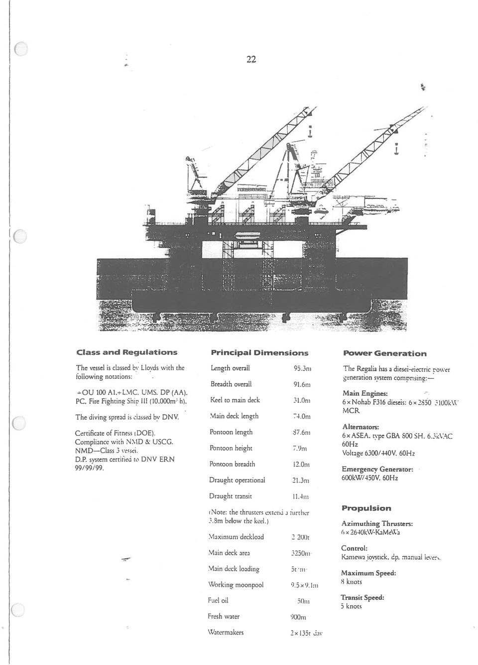 ôns Keel to main deck 31.Om Main deck Iength 4.0ns Pontoon iength 87.6ns Pontoon height.9rn Pontoon breadth 12.Oni Draught operational 2L3rn Draught transit I L4in (Note: the thrusrers exteni.