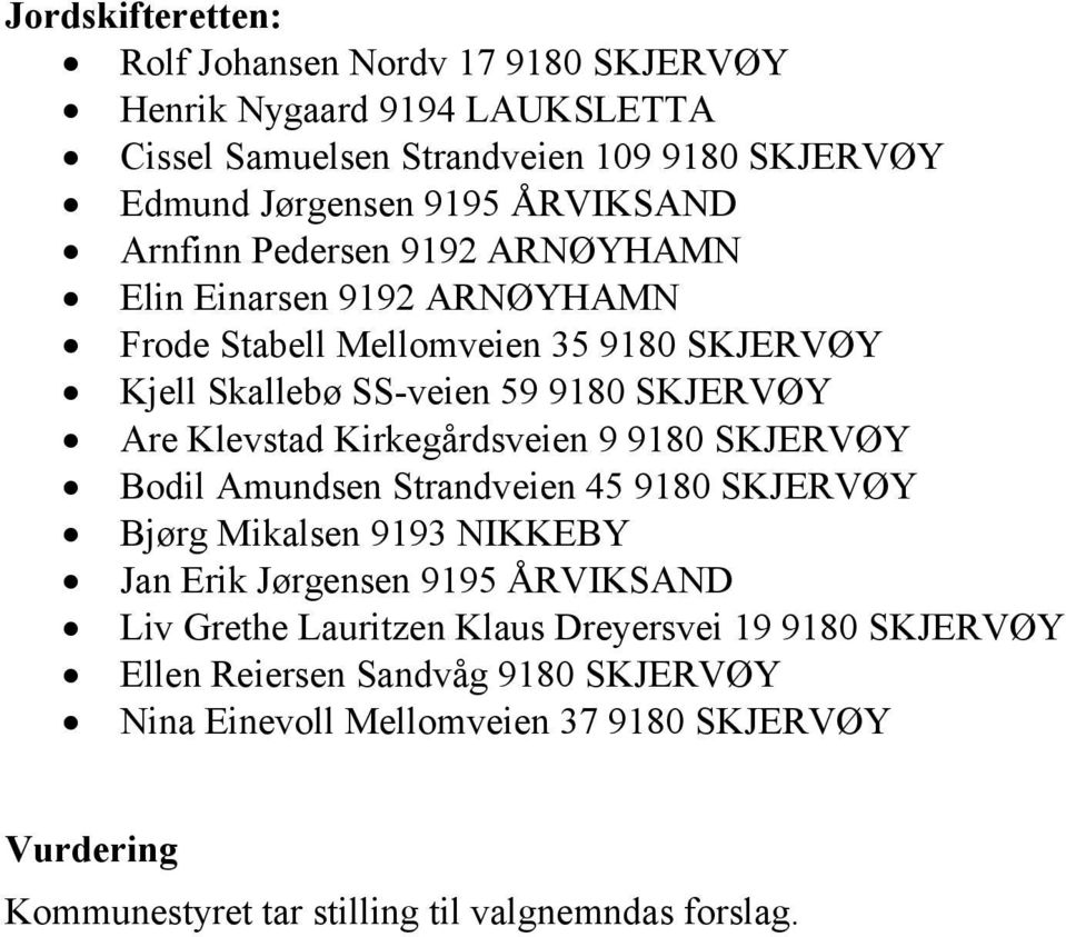 Kirkegårdsveien 9 9180 SKJERVØY Bodil Amundsen Strandveien 45 9180 SKJERVØY Bjørg Mikalsen 9193 NIKKEBY Jan Erik Jørgensen 9195 ÅRVIKSAND Liv Grethe Lauritzen Klaus