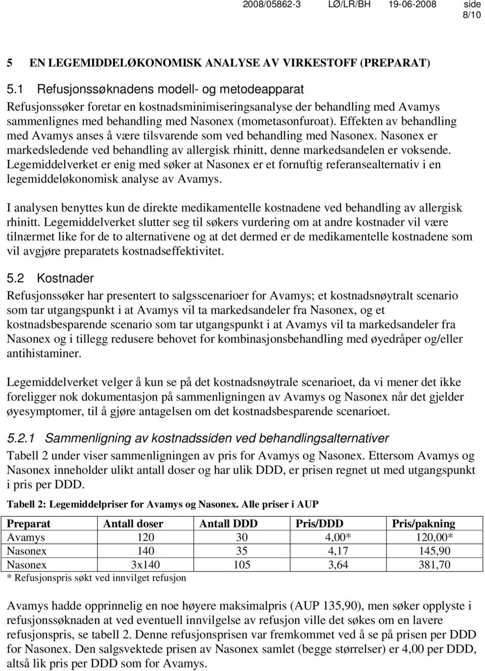 Effekten av behandling med Avamys anses å være tilsvarende som ved behandling med Nasonex. Nasonex er markedsledende ved behandling av allergisk rhinitt, denne markedsandelen er voksende.