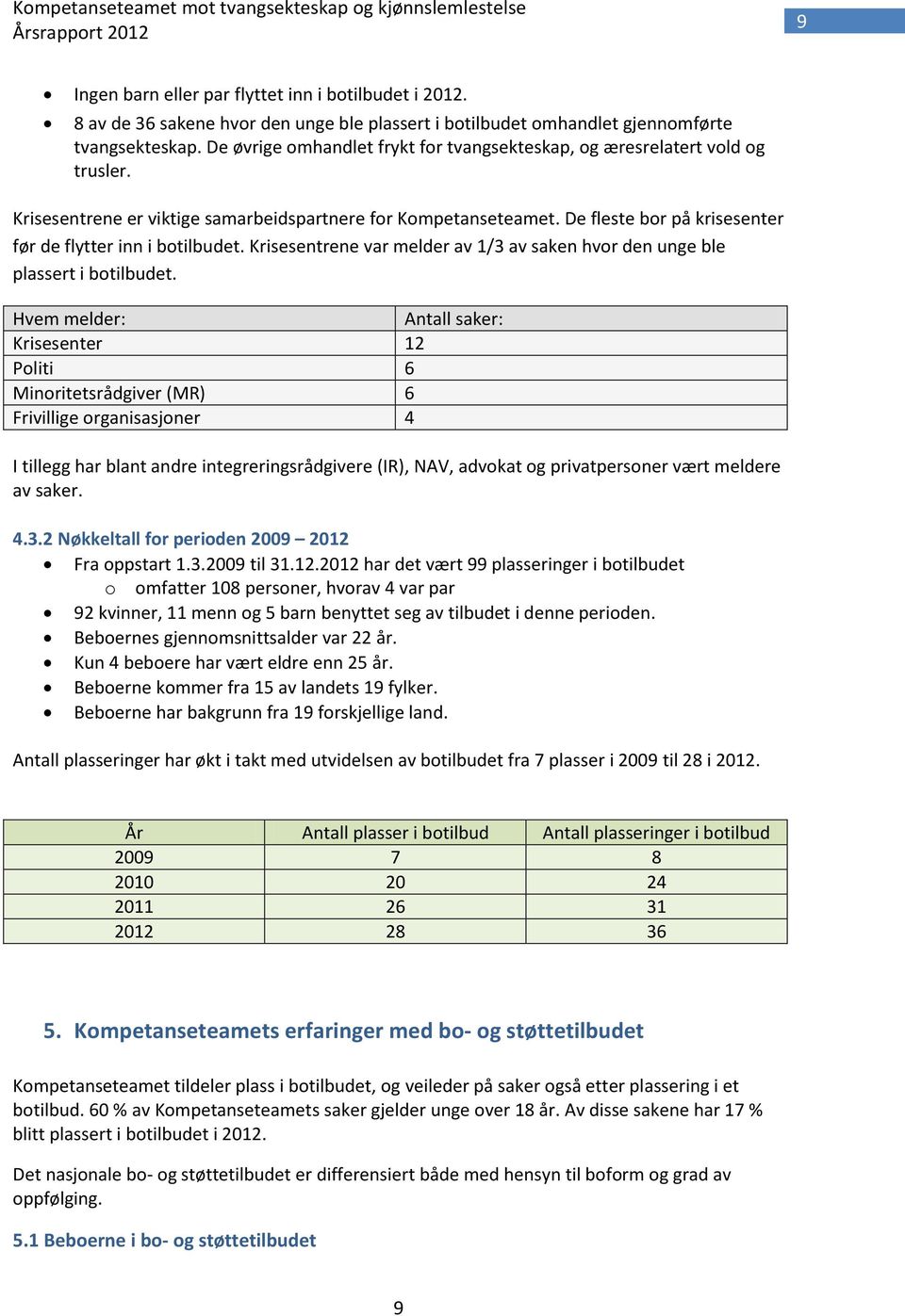 De fleste bor på krisesenter før de flytter inn i botilbudet. Krisesentrene var melder av 1/3 av saken hvor den unge ble plassert i botilbudet.