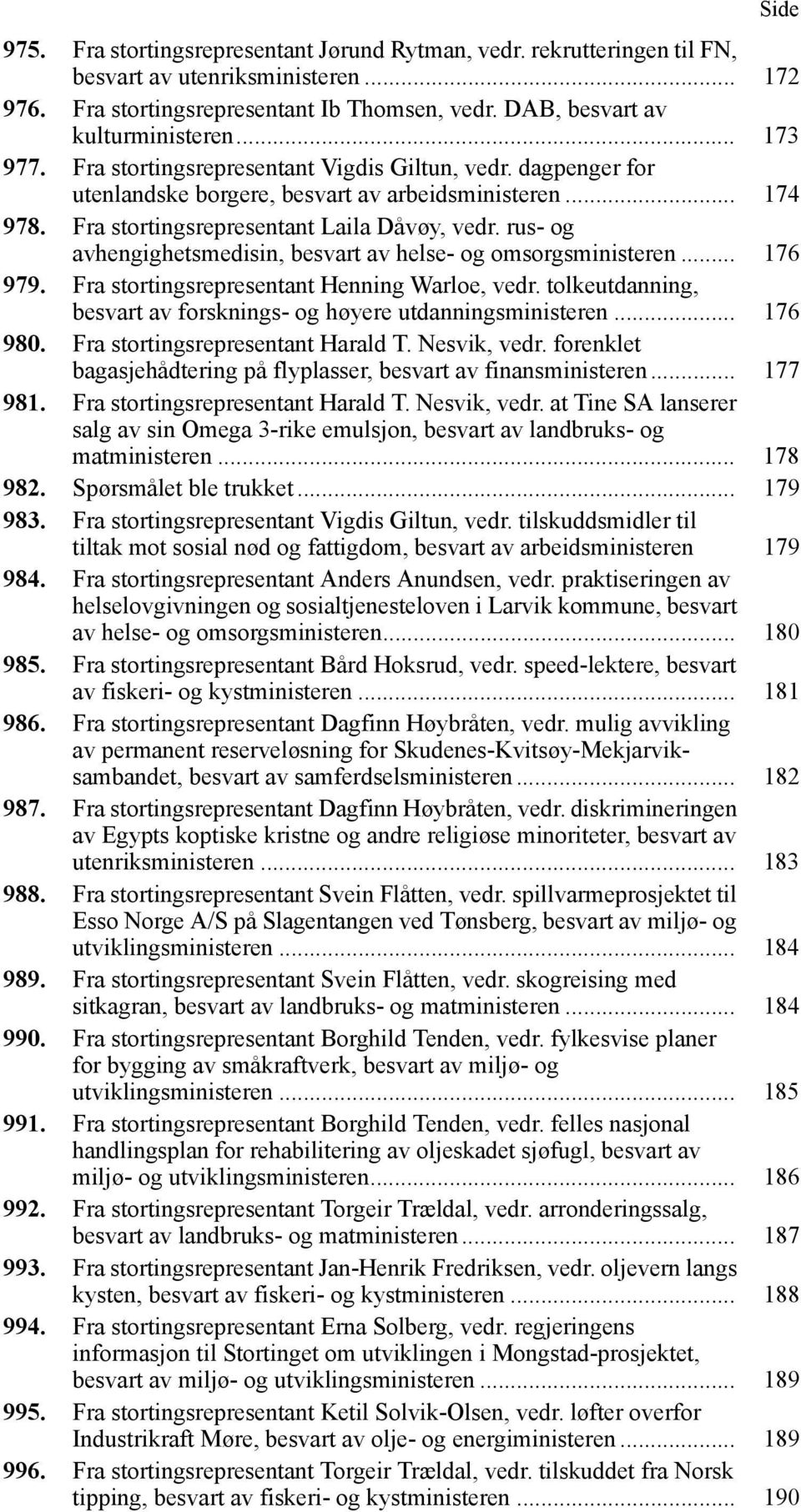 rus- og avhengighetsmedisin, besvart av helse- og omsorgsministeren... 176 979. Fra stortingsrepresentant Henning Warloe, vedr. tolkeutdanning, besvart av forsknings- og høyere utdanningsministeren.