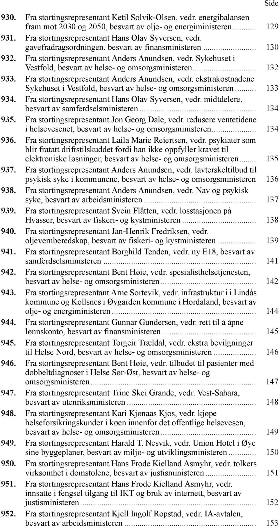 Fra stortingsrepresentant Anders Anundsen, vedr. ekstrakostnadene Sykehuset i Vestfold, besvart av helse- og omsorgsministeren... 133 934. Fra stortingsrepresentant Hans Olav Syversen, vedr.