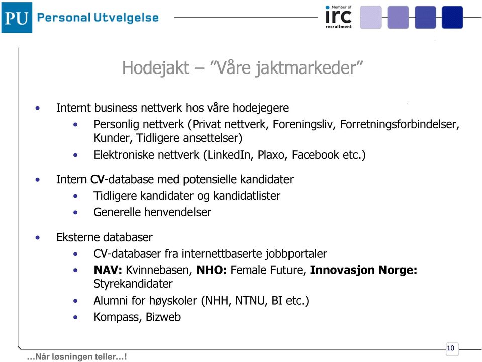 ) Intern CV-database med potensielle kandidater Tidligere kandidater og kandidatlister Generelle henvendelser Eksterne databaser