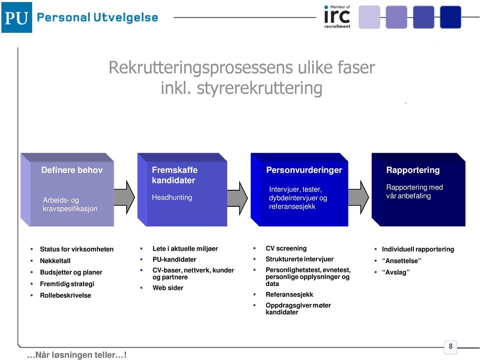 referansesjekk Rapportering Rapportering med vår anbefaling Status for virksomheten Nøkkeltall Budsjetter og planer Fremtidig strategi Rollebeskrivelse