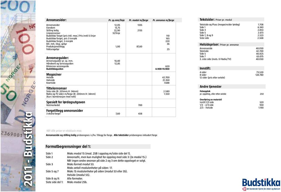 gebyr 36 Produksjonstillegg 1,00 87,60 Fakturagebyr 25 Annonseguider: Annonseguider pr. sp. mm. 10,40 Håndverk og Serviceguiden 12,85 Bileiernes serviceguide 620 Budstikkaguiden 4.900-19.