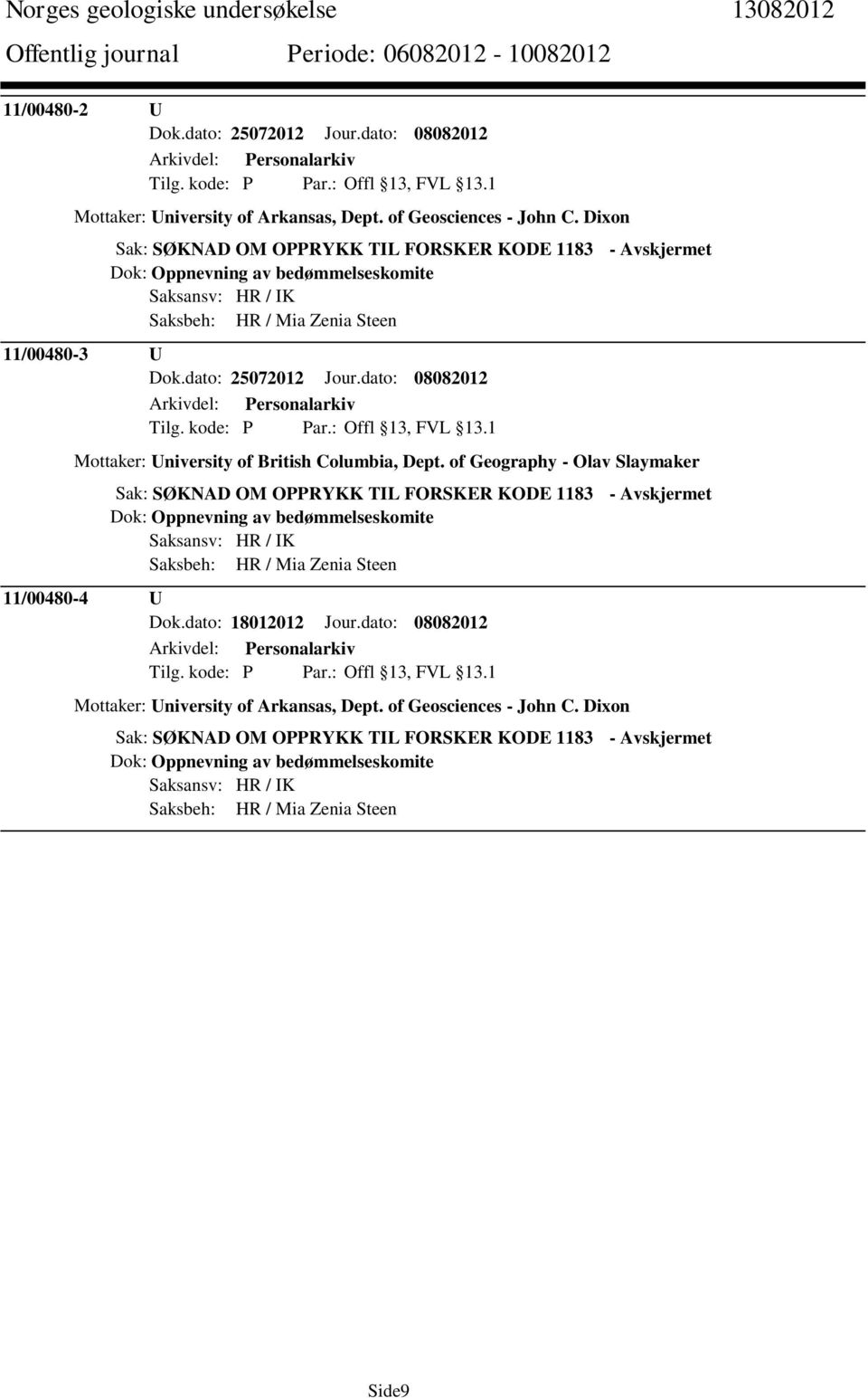 dato: 08082012 Mottaker: University of British Columbia, Dept.