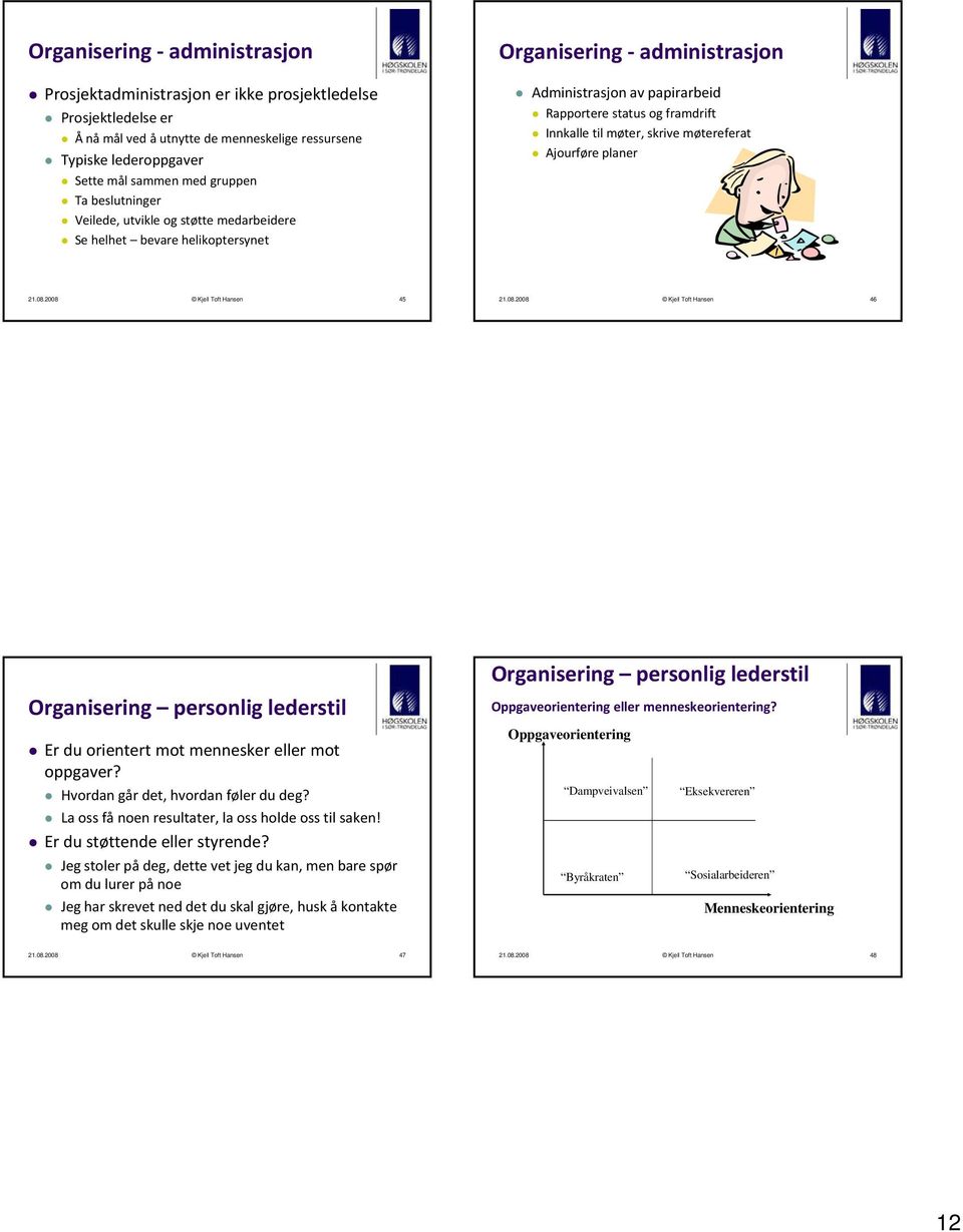 skrive møtereferat Ajourføre planer 21.08.2008 Kjell Toft Hansen 45 21.08.2008 Kjell Toft Hansen 46 Organisering personlig lederstil Er du orientert mot mennesker eller mot oppgaver?