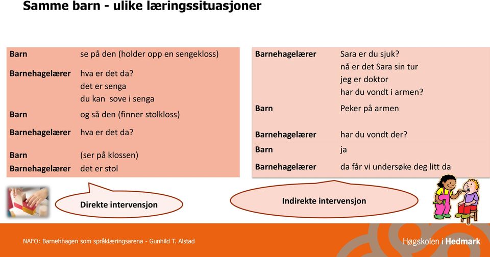 nå er det Sara sin tur jeg er doktor har du vondt i armen? Peker på armen hva er det da?