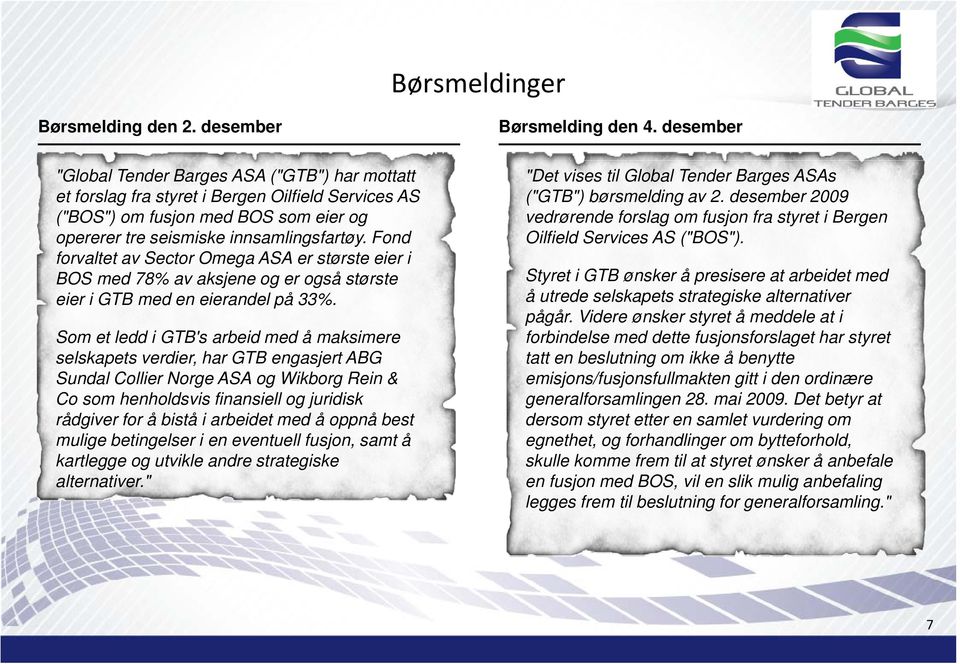 Fond forvaltet av Sector Omega ASA er største eier i BOS med 78% av aksjene og er også største eier i GTB med en eierandel på 33%.