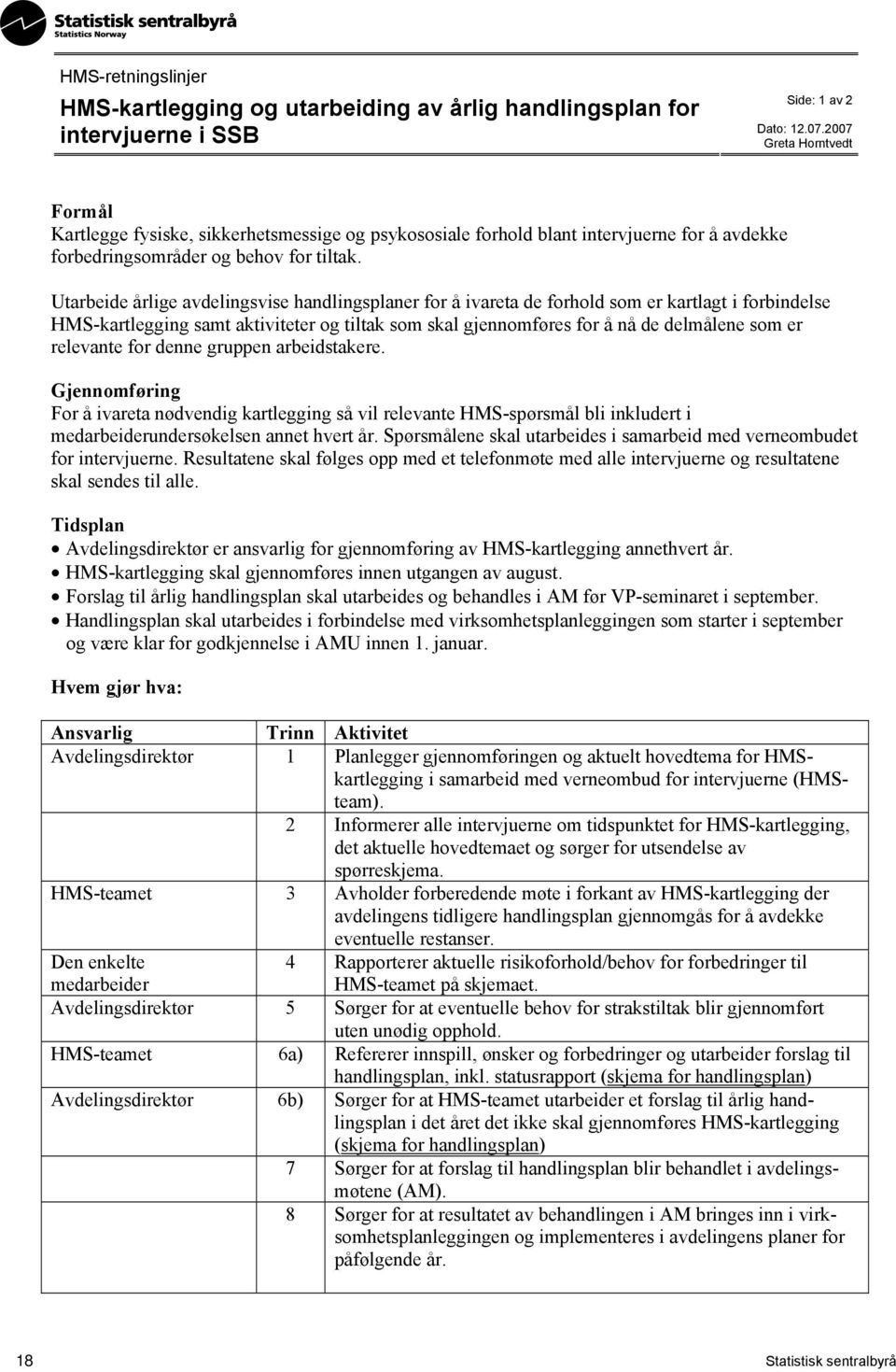 Utarbeide årlige avdelingsvise handlingsplaner for å ivareta de forhold som er kartlagt i forbindelse HMS-kartlegging samt aktiviteter og tiltak som skal gjennomføres for å nå de delmålene som er