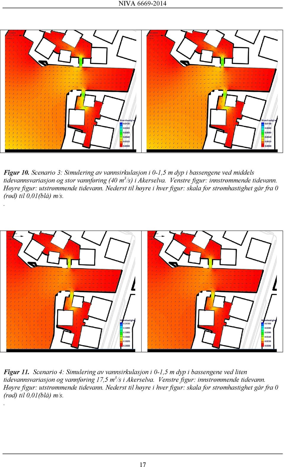 Nederst til høyre i hver figur: skala for strømhastighet går fra 0 (rød) til 0,01(blå) m/s.. Figur 11.