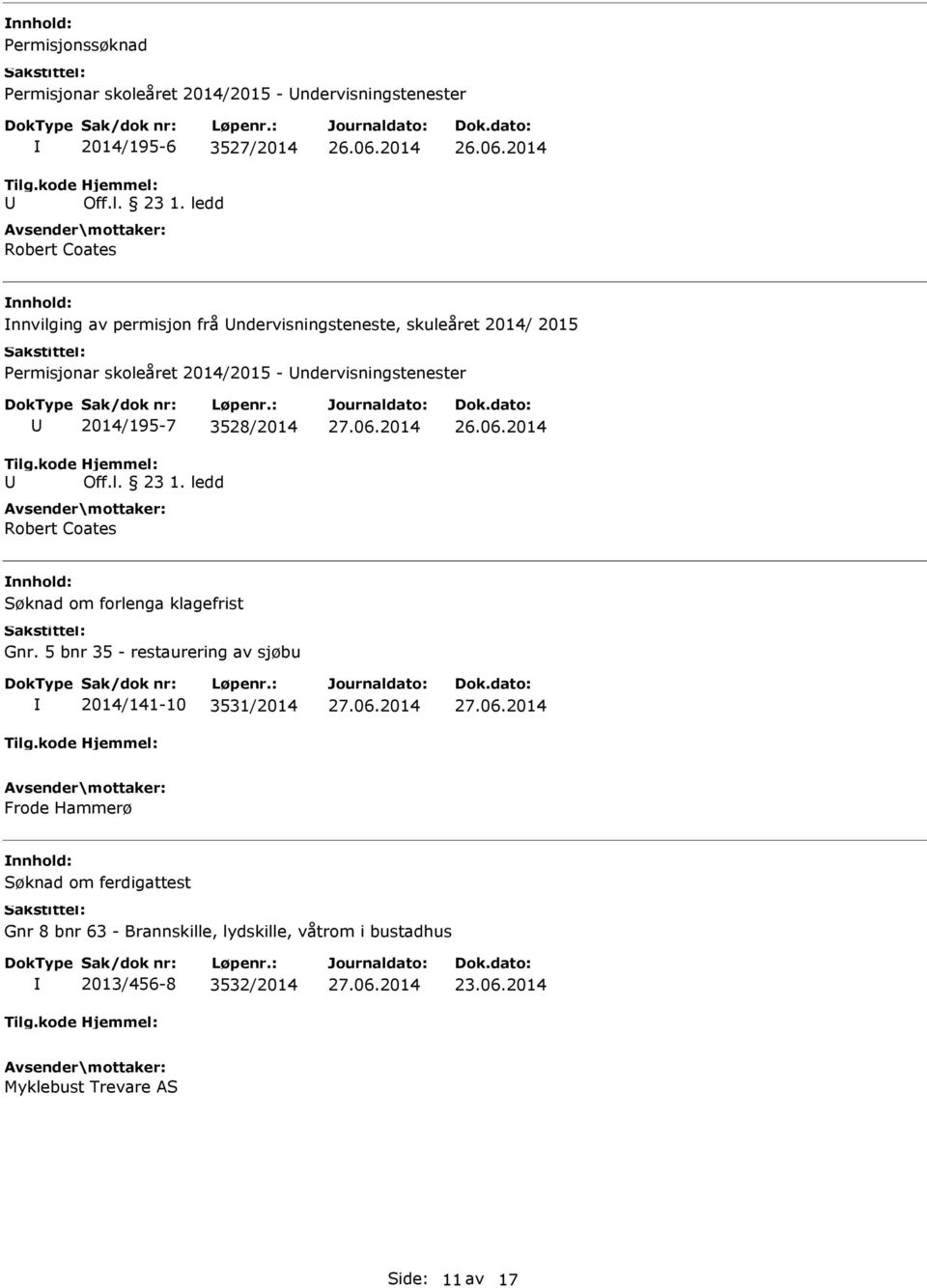 ndervisningstenester 2014/195-7 3528/2014 Off.l. 23 1. ledd Robert Coates Søknad om forlenga klagefrist Gnr.