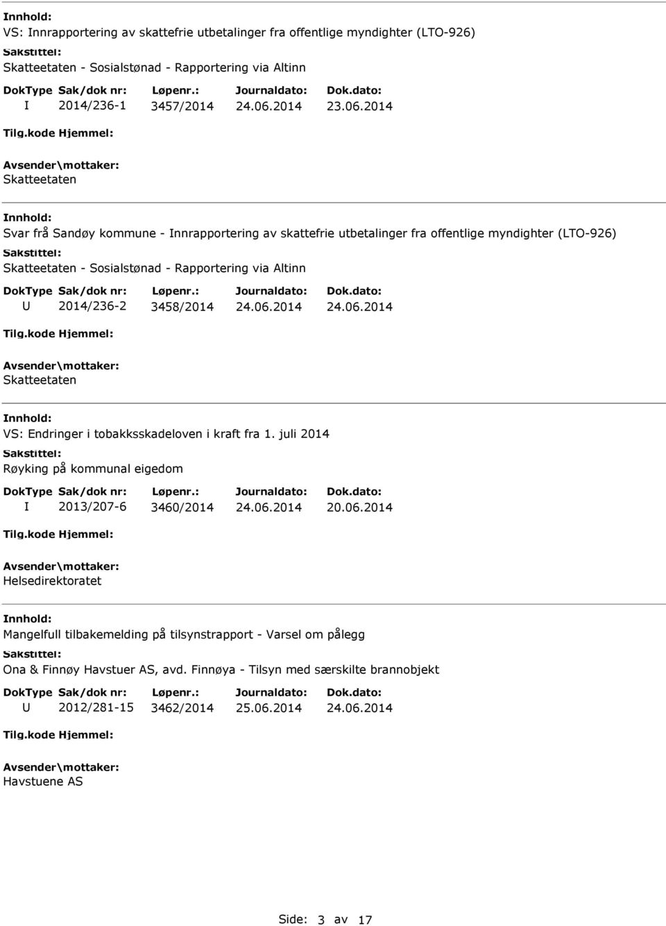 Altinn 2014/236-2 3458/2014 Skatteetaten VS: Endringer i tobakksskadeloven i kraft fra 1. juli 2014 Røyking på kommunal eigedom 2013/207-6 3460/2014 20.06.