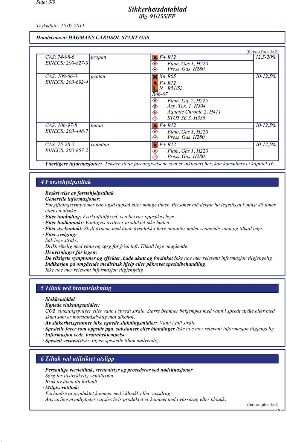 Gas, H280 isobutan F+ R12 Flam. Gas 1, H220 Press.