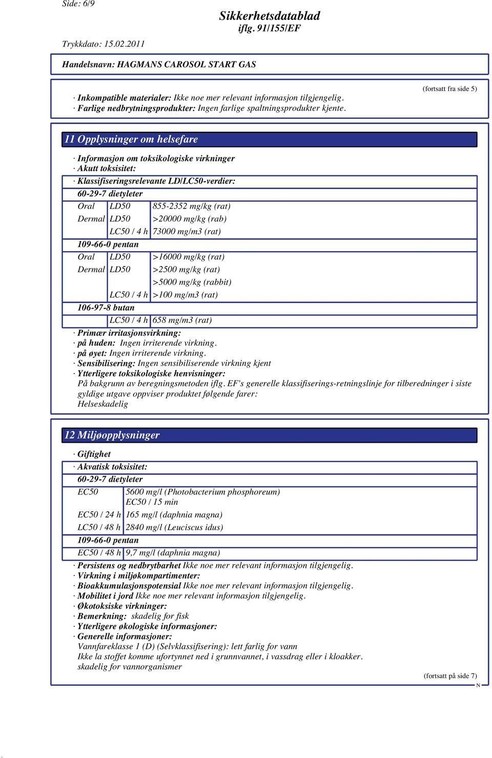 (rat) Dermal LD50 >20000 mg/kg (rab) LC50 / 4 h 73000 mg/m3 (rat) 109-66-0 pentan Oral LD50 >16000 mg/kg (rat) Dermal LD50 >2500 mg/kg (rat) >5000 mg/kg (rabbit) LC50 / 4 h >100 mg/m3 (rat) 106-97-8