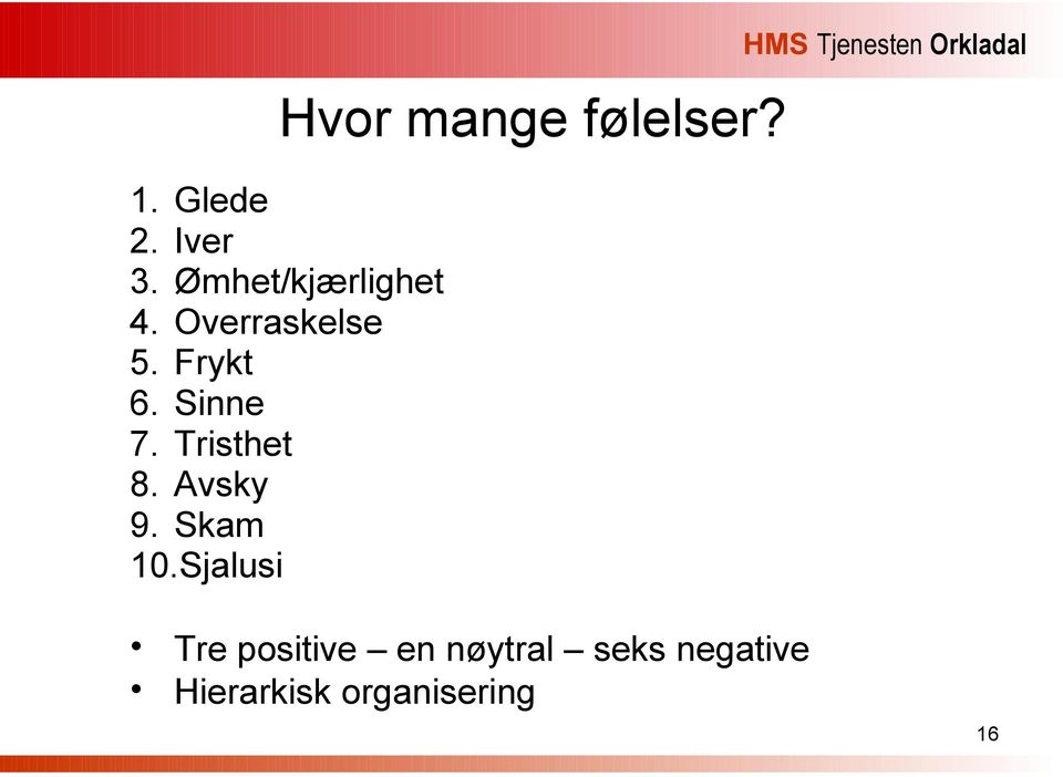 Sinne 7. Tristhet 8. Avsky 9. Skam 10.