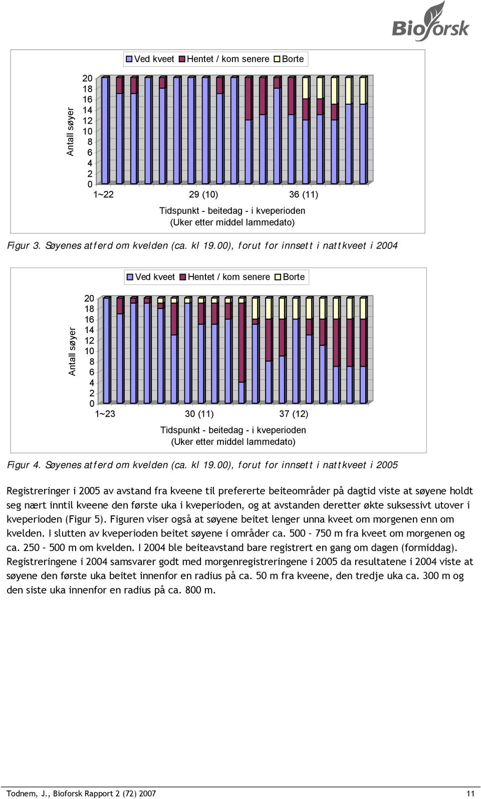 00), forut for innsett i nattkveet i 2004 Antall søyer Ved kveet Hentet / kom senere Borte 20 18 16 14 12 10 8 6 4 2 0 1~23 30 (11) 37 (12) Tidspunkt - beitedag - i kveperioden (Uker etter middel