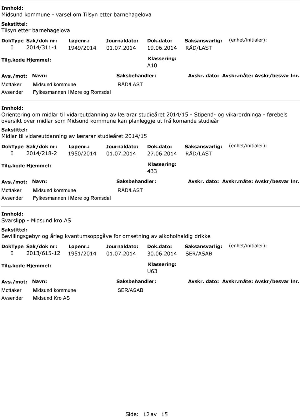 oversikt over midlar som kan planleggje ut frå komande studieår Midlar til vidareutdanning av lærarar studieåret 2014/15 2014/218-2 1950/2014 27.06.