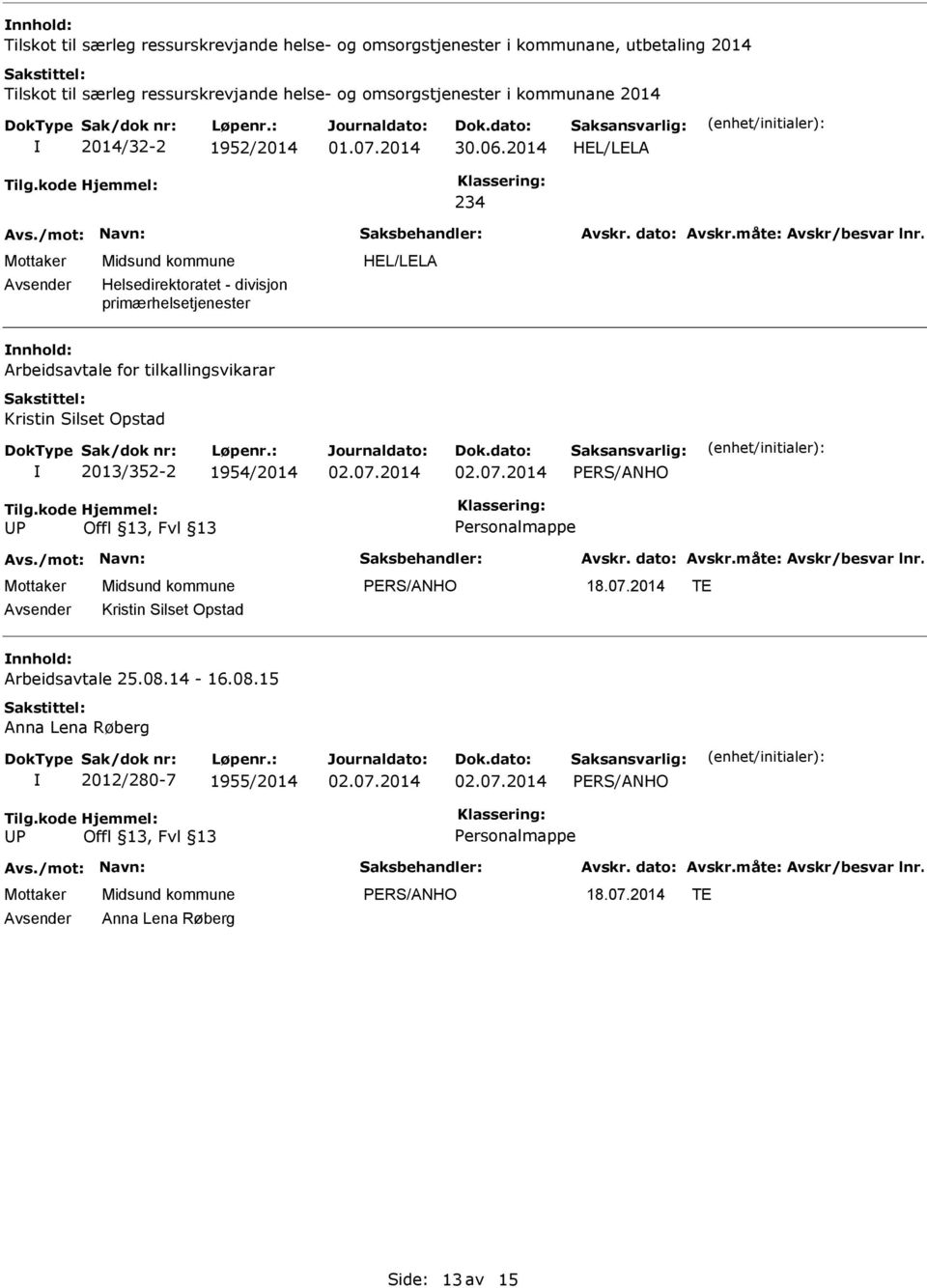 HEL/LELA Arbeidsavtale for tilkallingsvikarar Kristin Silset Opstad 2013/352-2 1954/2014 P Personalmappe 18.07.