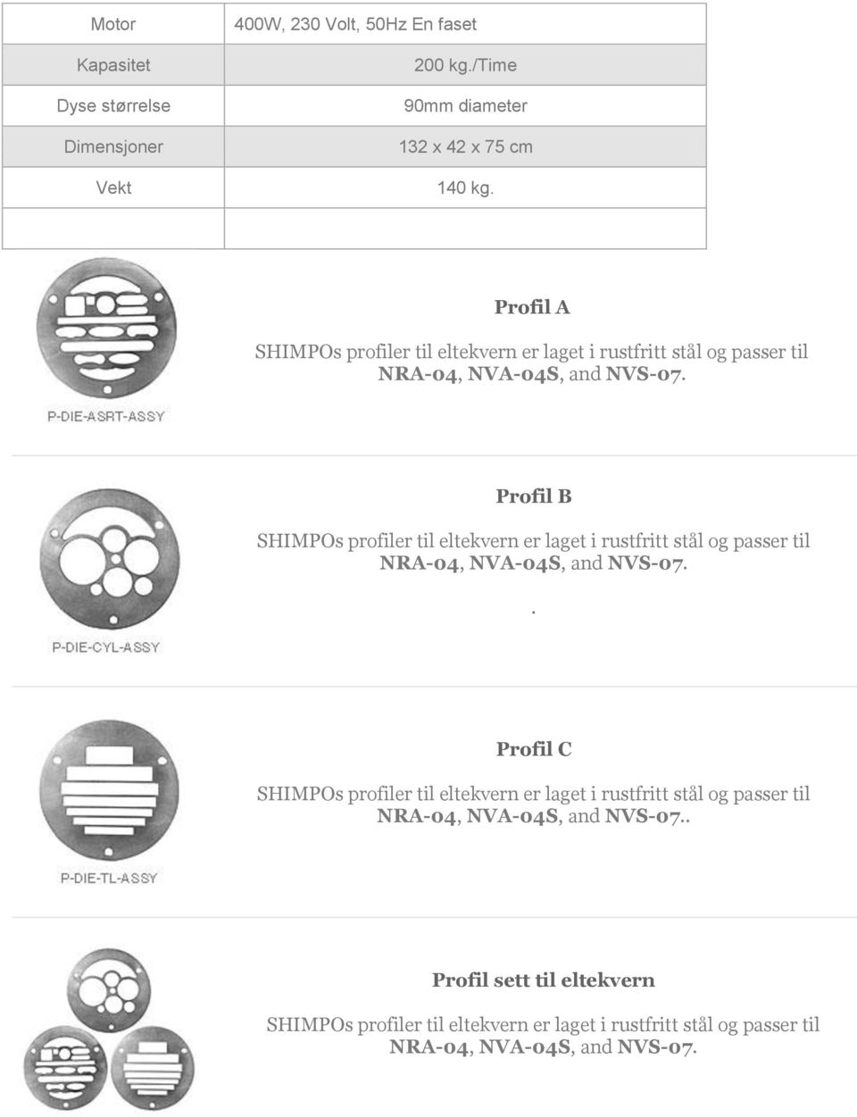 Profil B SHIMPOs profiler til eltekvern er laget i rustfritt stål og passer til NRA-04, NVA-04S, and NVS-07.