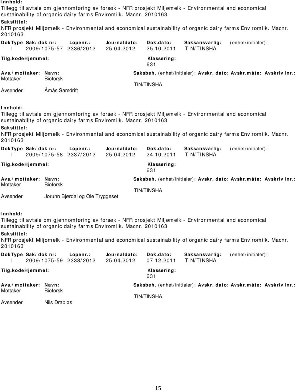 Macnr. 2010163 I 2009/1075-58 2337/2012 25.04.2012 24.10.2011 TIN/TINSHA TIN/TINSHA Jorunn Bjørdal og Ole Tryggeset  2010163 NFR prosjekt Miljømelk - Environmental and economical sustainability of organic dairy farms Enviromilk.