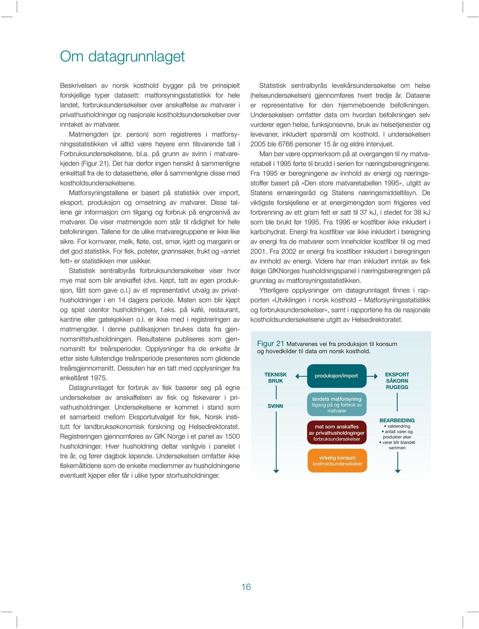 person) som registreres i matforsyningsstatistikken vil alltid være høyere enn tilsvarende tall i Forbruksundersøkelsene, bl.a. på grunn av svinn i matvarekjeden (Figur 21).
