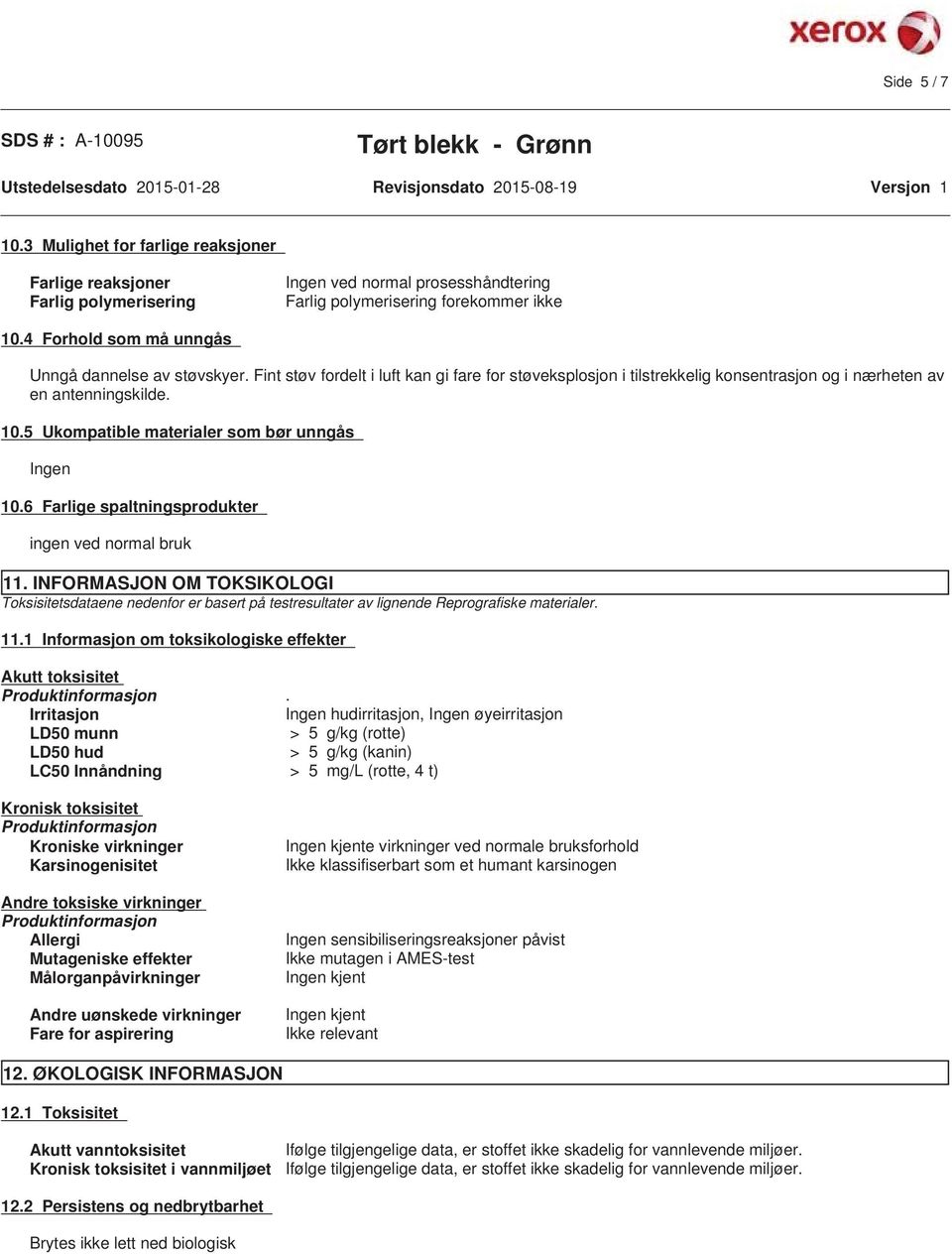 5 Ukompatible materialer som bør unngås Ingen 10.6 Farlige spaltningsprodukter ingen ved normal bruk 11.