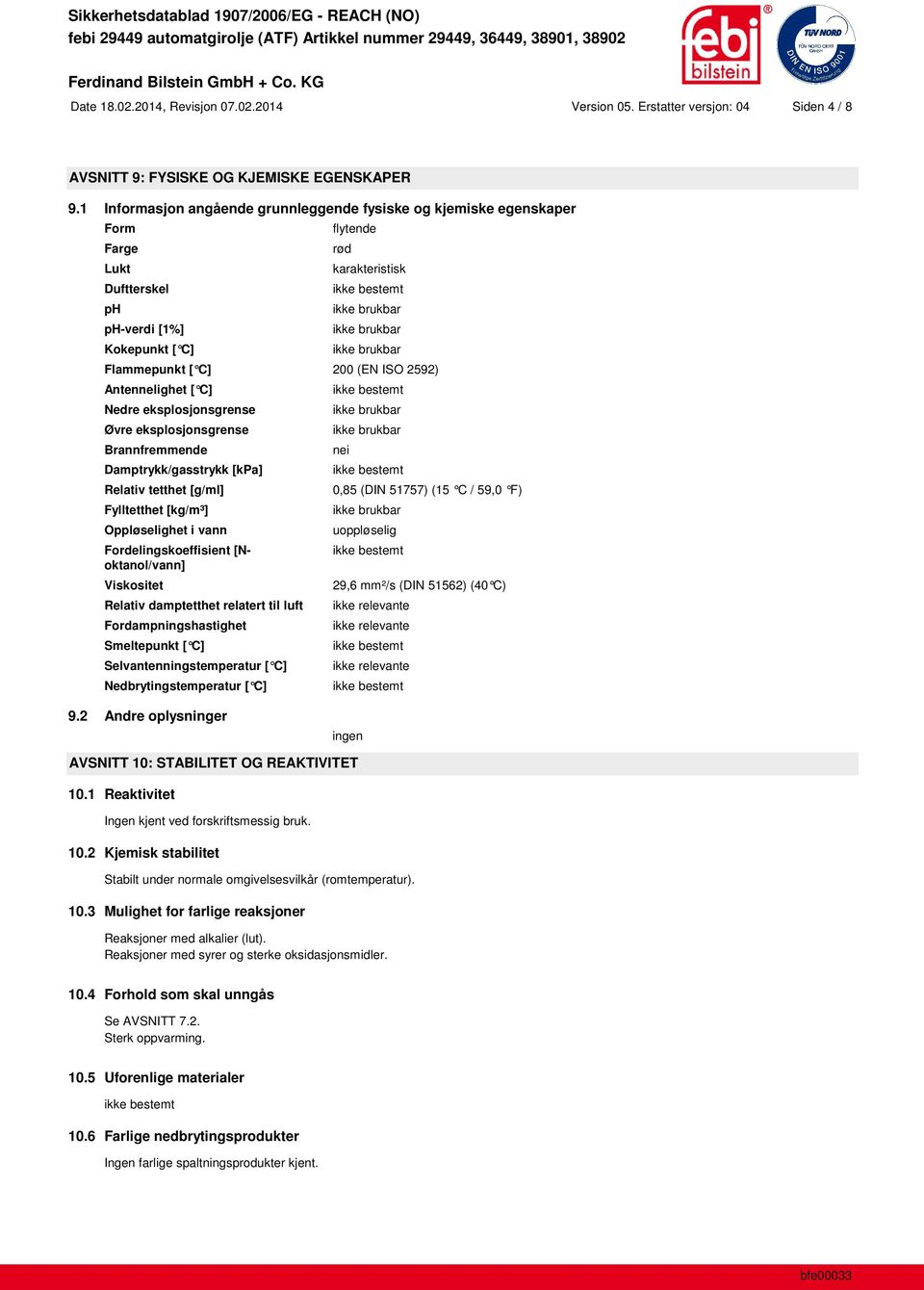 Antennelighet [ C] Nedre eksplosjonsgrense Øvre eksplosjonsgrense Brannfremmende Damptrykk/gasstrykk [kpa] Relativ tetthet [g/ml] Fylltetthet [kg/m³] Oppløselighet i vann Fordelingskoeffisient