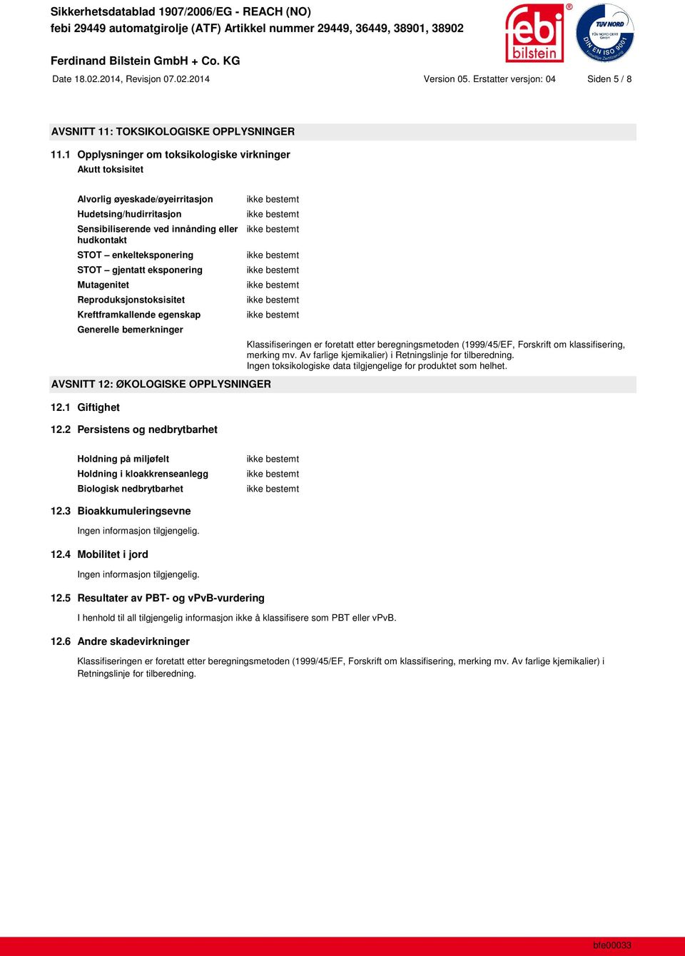 gjentatt eksponering Mutagenitet Reproduksjonstoksisitet Kreftframkallende egenskap Generelle bemerkninger Klassifiseringen er foretatt etter beregningsmetoden (1999/45/EF, Forskrift om