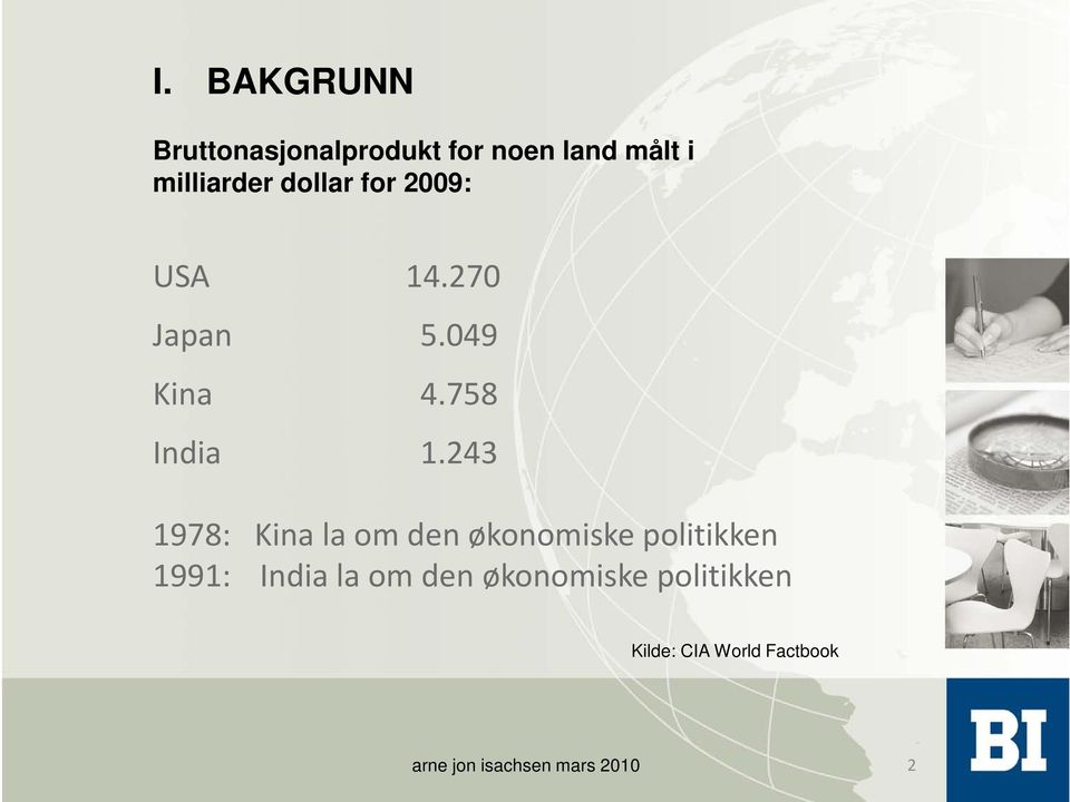 243 1978: Kina la om den økonomiske politikken 1991: India la om