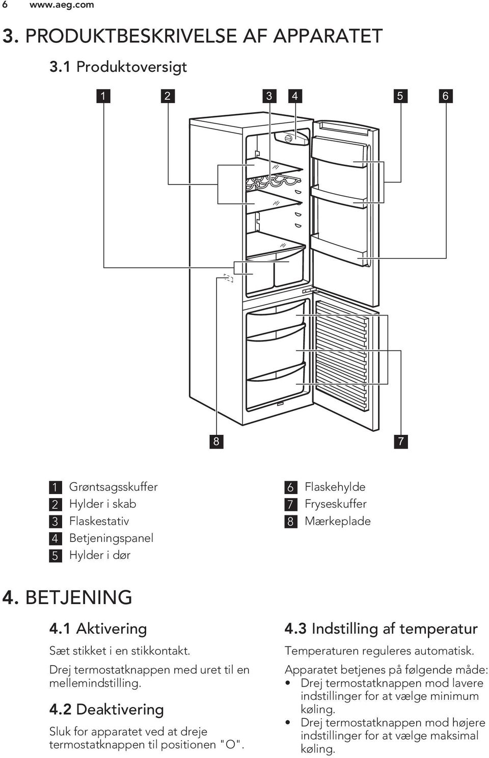 BETJENING 4.1 Aktivering Sæt stikket i en stikkontakt. Drej termostatknappen med uret til en mellemindstilling. 4.2 Deaktivering Sluk for apparatet ved at dreje termostatknappen til positionen "O".