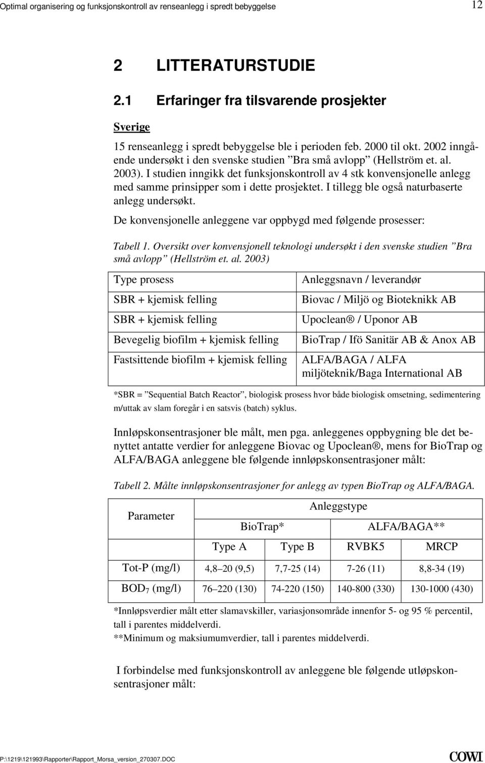 konvensjonelle anleggene var oppbygd med følgende prosesser: Tabell 1 Oversikt over konvensjonell teknologi undersøkt i den svenske studien Bra små avlopp (Hellström et al 2003) Type prosess SBR +