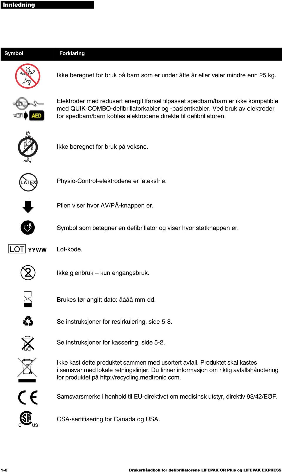 Ved bruk av elektroder for spedbarn/barn kobles elektrodene direkte til defibrillatoren. Ikke beregnet for bruk på voksne. Physio-Control-elektrodene er lateksfrie. Pilen viser hvor AV/PÅ-knappen er.