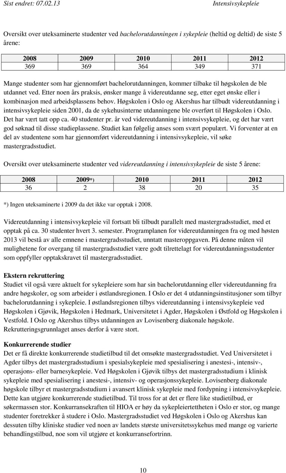 bachelorutdanningen, kommer tilbake til høgskolen de ble utdannet ved. Etter noen års praksis, ønsker mange å videreutdanne seg, etter eget ønske eller i kombinasjon med arbeidsplassens behov.