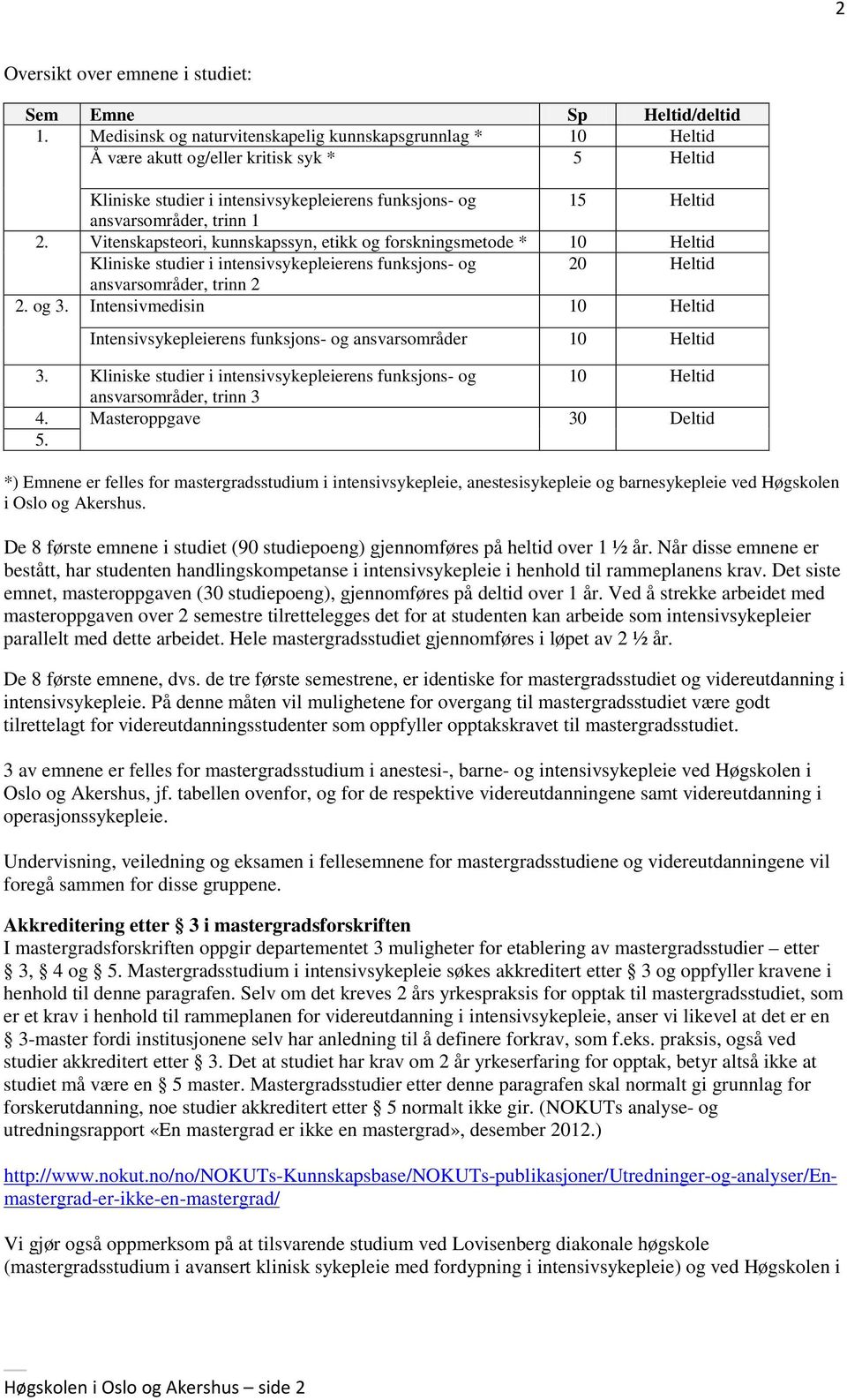 Vitenskapsteori, kunnskapssyn, etikk og forskningsmetode * 10 Heltid Kliniske studier i intensivsykepleierens funksjons- og 20 Heltid ansvarsområder, trinn 2 2. og 3.