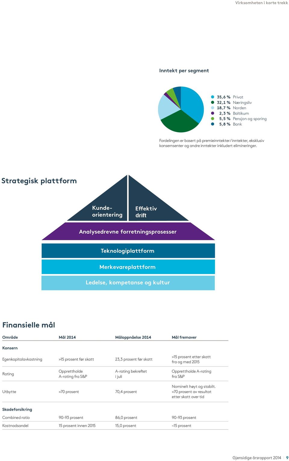 Strategisk plattform Kundeorientering Effektiv drift Analysedrevne forretningsprosesser Teknologiplattform Merkevareplattform Ledelse, kompetanse og kultur Finansielle mål Område Mål 2014