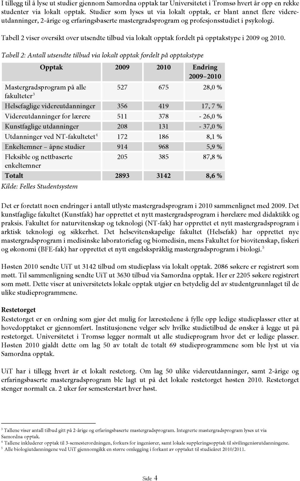 Tabell 2 viser oversikt over utsendte tilbud via lokalt opptak fordelt på opptakstype i 2009 og 2010.