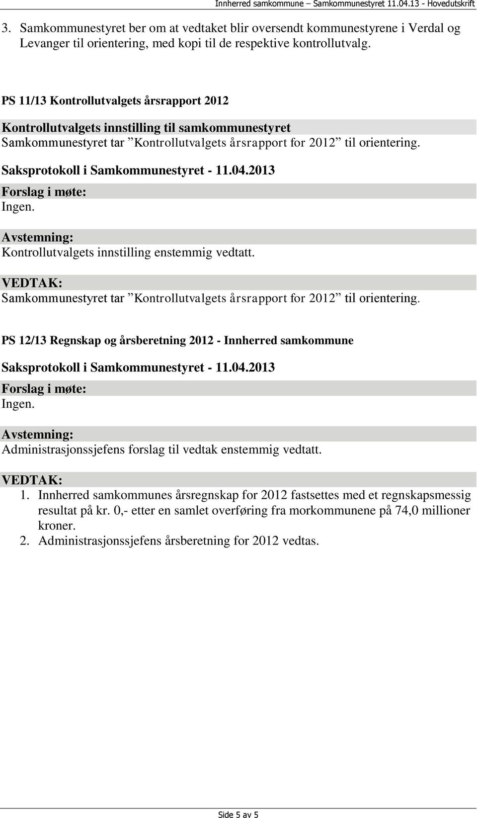 Kontrollutvalgets innstilling enstemmig vedtatt. Samkommunestyret tar Kontrollutvalgets årsrapport for 2012 til orientering.