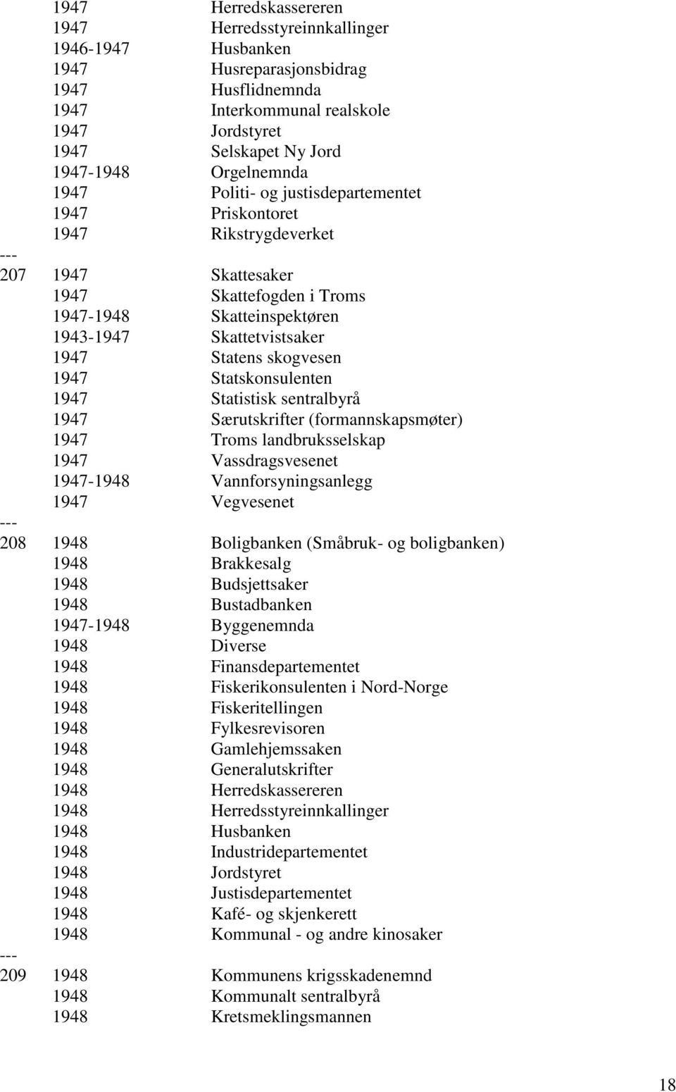 Statens skogvesen 1947 Statskonsulenten 1947 Statistisk sentralbyrå 1947 Særutskrifter (formannskapsmøter) 1947 Troms landbruksselskap 1947 Vassdragsvesenet 1947-1948 Vannforsyningsanlegg 1947